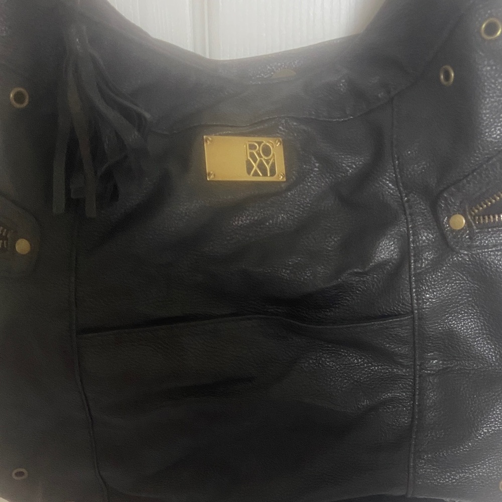 Roxy Black Leather Tote with Gold Accents